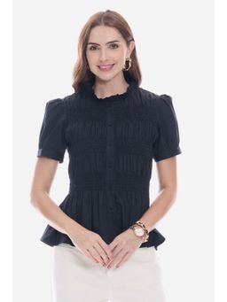Virgio - Navy Blue Smocked Fitted Peplum Regular Casual Top