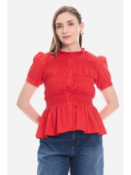 Virgio - Red Smocked Fitted Peplum Regular Casual Top