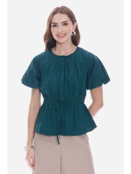 Virgio - Teal Gathered with Waist Tie-Up Regular Top
