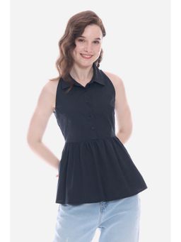 Virgio - Navy Blue Collared Peplum Regular Casual Top