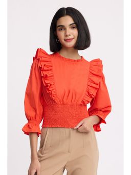 Virgio - Orange Ruffled Neck Smocked Top