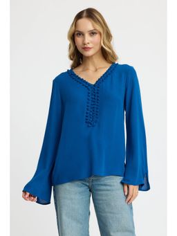 Virgio - Blue Relaxed with Loop Ruffle Detail Neck Regular Top