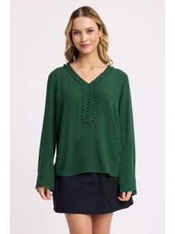 Virgio - Green Relaxed with Loop Ruffle Detail Neck Regular Top