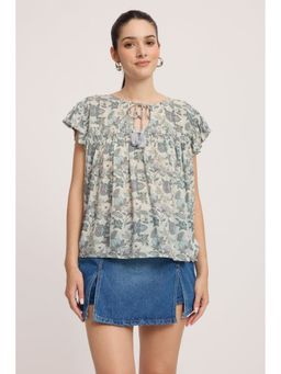 Virgio - Printed Green Front Tie-Up Regular Top