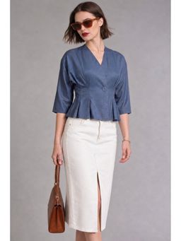 Virgio - Blue Cotton Pleated Wrap Peplum Top