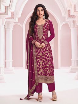 Seerat - Magenta Jacquard Straight Kurta with Pant and Dupatta (Set of 3)