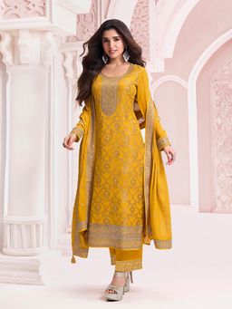 Seerat - Yellow Jacquard Straight Kurta with Pant and Dupatta (Set of 3)