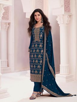 Seerat - Blue Jacquard Straight Kurta with Pant and Dupatta (Set of 3)