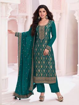 Seerat - Rama Green Jacquard Straight Kurta with Pant and Dupatta (Set of 3)