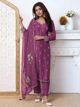 Seerat - Purple Embroidery Silk Straight Kurta with Pant and Dupatta (Set of 3)