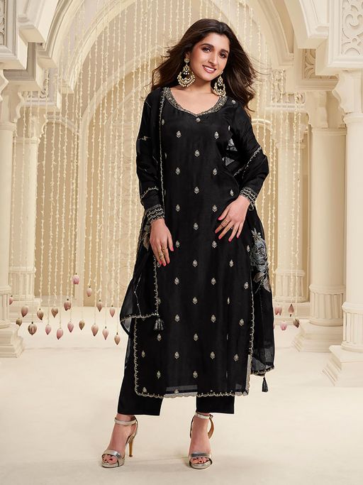 Seerat Black Embroidery Silk Straight Kurta with Pant and Dupatta (Set of 3)