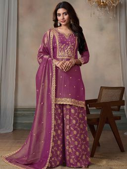 Seerat - Rust Tissue Embroidery Kurta with Jacquard Sharara and Embroidery Dupatta (Set of 3)