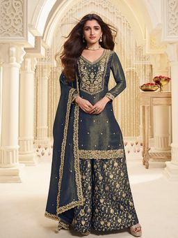 Seerat - Blue Tissue Embroidery Kurta with Jacquard Sharara and Embroidery Dupatta (Set of 3)