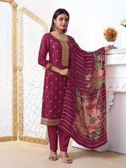Seerat - Wine Jacquard Silk Straight Kurta with Pant and Printed Dupatta (Set of 3)