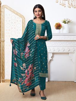 Seerat - Rama Green Jacquard Silk Straight Kurta with Pant and Printed Dupatta (Set of 3)