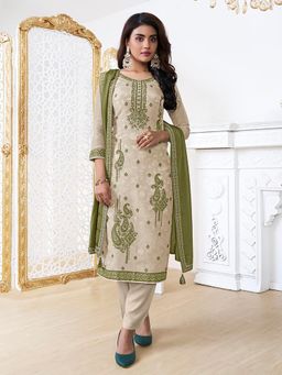 Seerat - Cream Tissue Texture Jacquard Kurta with Pant and Embroidery Dupatta (Set of 3)