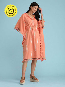 BOHO-CHIC By Sukriti Jain - Coral Embroidered Tassel Trimmed Kaftan
