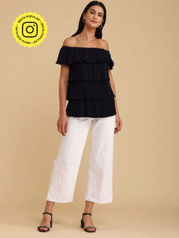 BOHO-CHIC By Sukriti Jain - Navy Off The Shoulder Pleated Top
