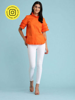 BOHO-CHIC By Sukriti Jain - Orange Pleated Trimmed Blouse