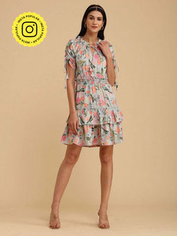 BOHO-CHIC By Sukriti Jain - Green Print Springtime Pastel Hue Floral Dress