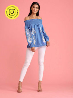BOHO-CHIC By Sukriti Jain - Blue Embroidered Off The Shoulder Blouse