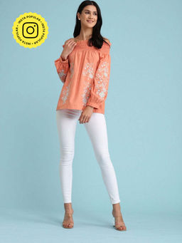 BOHO-CHIC By Sukriti Jain - Coral Embroidered Off The Shoulder Blouse
