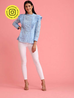 BOHO-CHIC By Sukriti Jain - Powder Blue Pleats Eyelet Lace Blouse