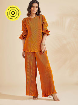 BOHO-CHIC By Sukriti Jain - Rust Ruffle Sleeved Pleated Co-ord Set