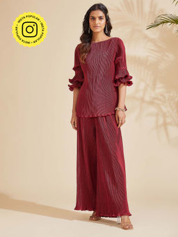 BOHO-CHIC By Sukriti Jain - Wine Ruffle Sleeved Pleated Co-ord Set