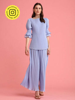 BOHO-CHIC By Sukriti Jain - Powder Blue Ruffle Sleeved Pleated Co-ord Set