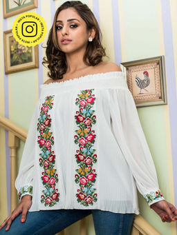 BOHO-CHIC By Sukriti Jain - White Daintly Embroidered Off Shoulder Blouse