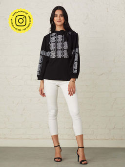 BOHO-CHIC By Sukriti Jain - Black Monochrome Embroidered Cross Stich Top