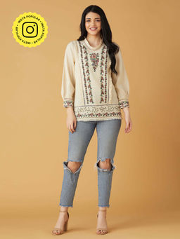 BOHO-CHIC By Sukriti Jain - Beige Exquisite Embroidered Linen Blouse
