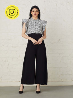 BOHO-CHIC By Sukriti Jain - Black Flutter Sleeved Monochrome Lace Jumpsuit