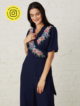 BOHO-CHIC By Sukriti Jain - Navy Blue Enchanted Floral Embroidered Jumpsuit