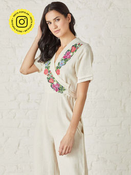 BOHO-CHIC By Sukriti Jain - Beige Enchanted Floral Embroidered Jumpsuit