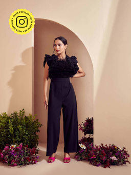 BOHO-CHIC By Sukriti Jain - Black Feather Trimmed Ruffled Jumpsuit