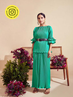 BOHO-CHIC By Sukriti Jain - Emerald Green Pleated Co-Ord (Set of 2)