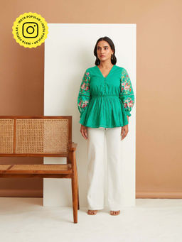 BOHO-CHIC By Sukriti Jain - Emerald Green Springtime Broderie Embroidered Blouse