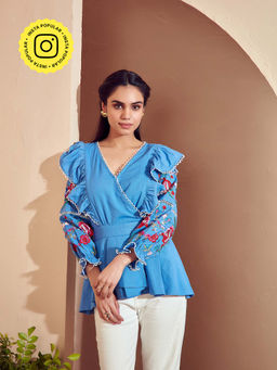 BOHO-CHIC By Sukriti Jain - Cobalt Blue Enchanted Embroidered Ruffled Blouse