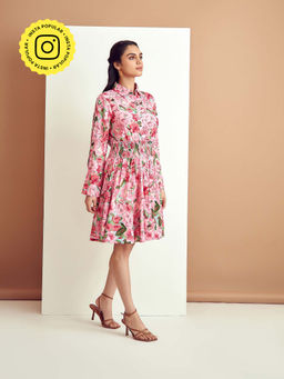 BOHO-CHIC By Sukriti Jain - Pink Floral Print Shirred Waistline Dress