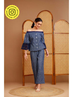 BOHO-CHIC By Sukriti Jain - Navy Blue Off The Shoulder Broderie Anglaise Co-ord (Set of 2)