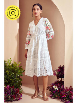 BOHO-CHIC By Sukriti Jain - White Broderie Tiered Midi Embroidered Dress