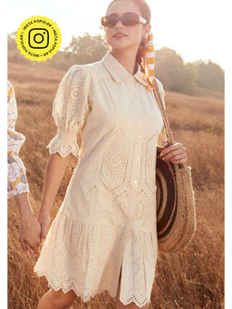 BOHO-CHIC By Sukriti Jain - Cream Classic Broderie Embroidered Shirt Dress