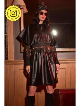 BOHO-CHIC By Sukriti Jain - Black Faux Leather Smocked Waistline Dress