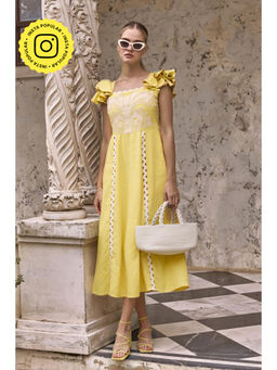 BOHO-CHIC By Sukriti Jain - Yellow Flutter Sleeve and Honeycomb Embroidered Dress