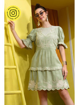 BOHO-CHIC By Sukriti Jain - Olive Matcha Dainty Embroidered Dress