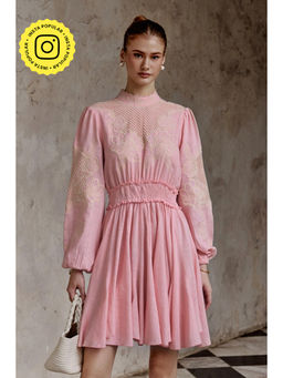 BOHO-CHIC By Sukriti Jain - Pink Pastel Hue Delicate Cutwork Embroidered Flowers Dress
