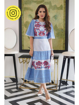 BOHO-CHIC By Sukriti Jain - Aqua Floral Embroidered and Broderie Midi Dress