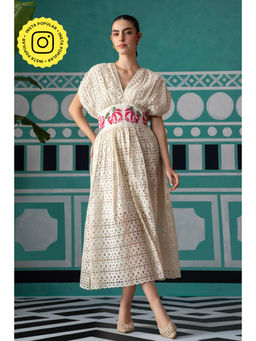 BOHO-CHIC By Sukriti Jain - Cream Enchanted Embroidered Broderie Cream Midi Dress